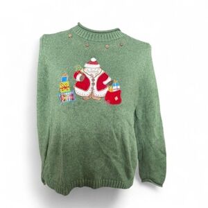 Vintage Christopher & Banks Santa Christmas Green Festive Sweater Size Petite M
